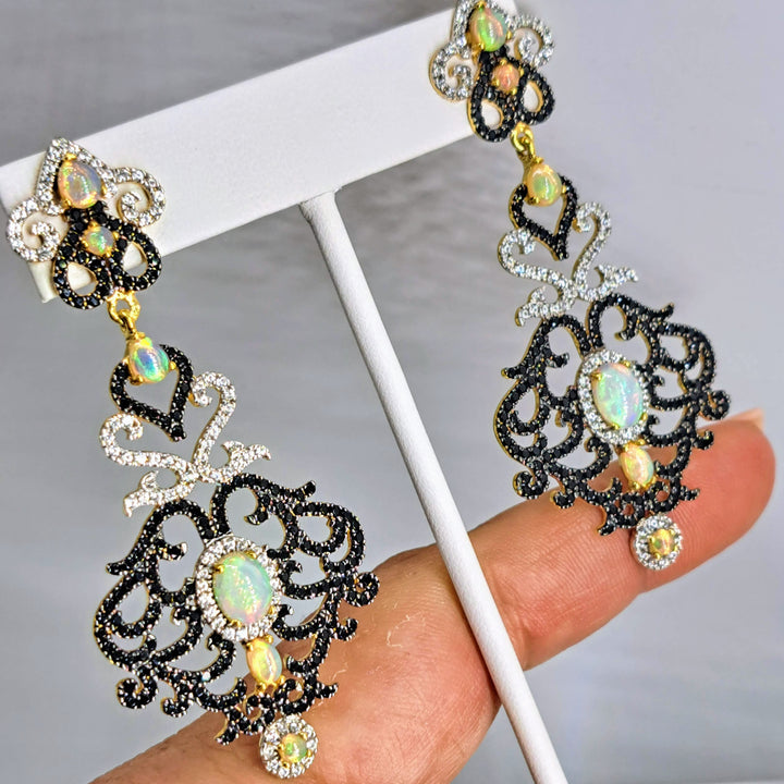 "A Toast To..." 3" Earrings - Opal, Spinel, Zircon, 18k Gold Sterling