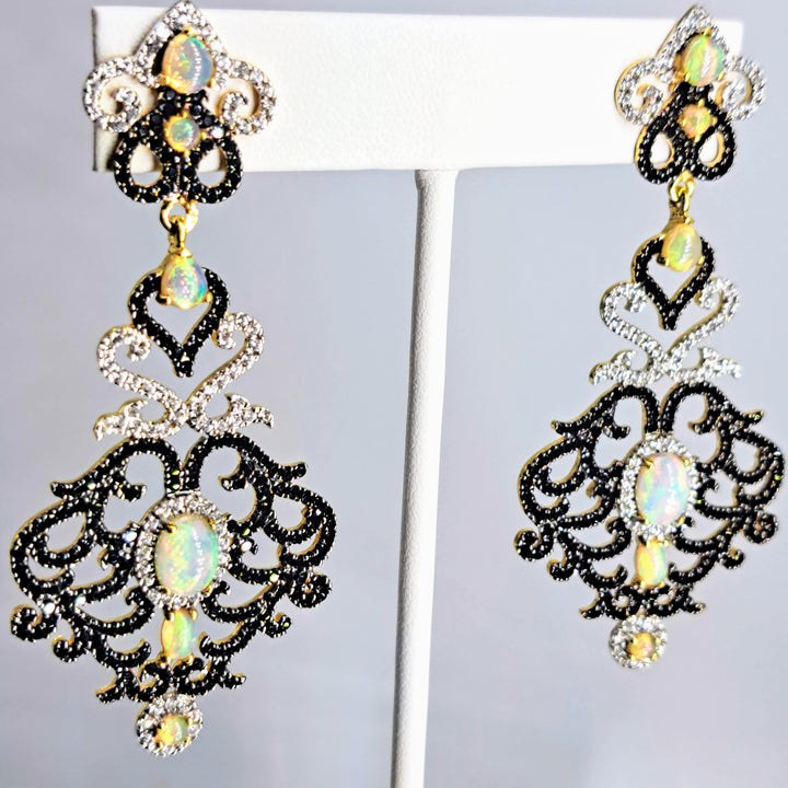 "A Toast To..." 3" Earrings - Opal, Spinel, Zircon, 18k Gold Sterling
