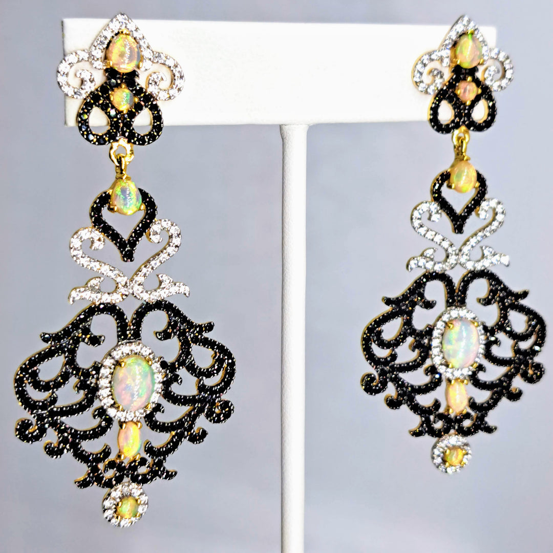 "A Toast To..." 3" Earrings - Opal, Spinel, Zircon, 18k Gold Sterling