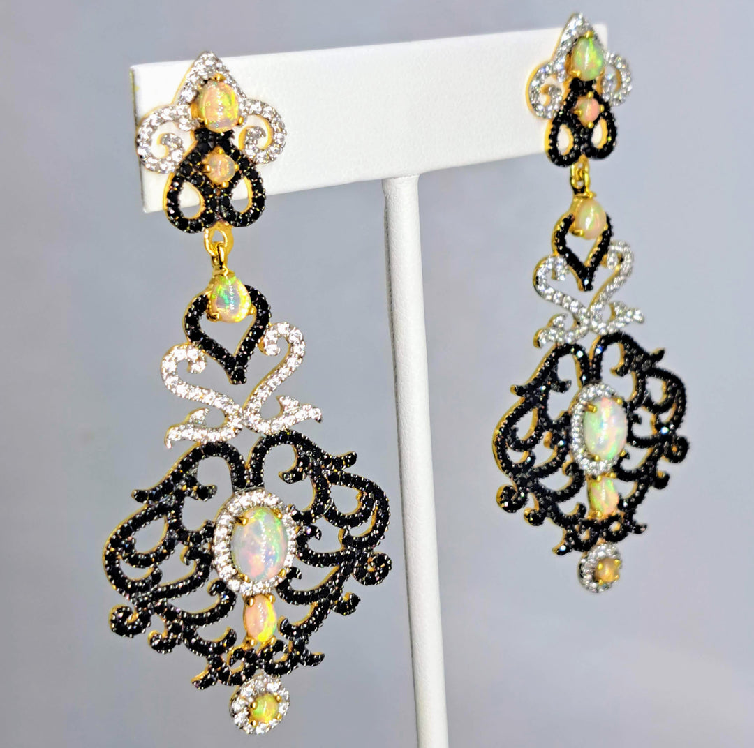 "A Toast To..." 3" Earrings - Opal, Spinel, Zircon, 18k Gold Sterling
