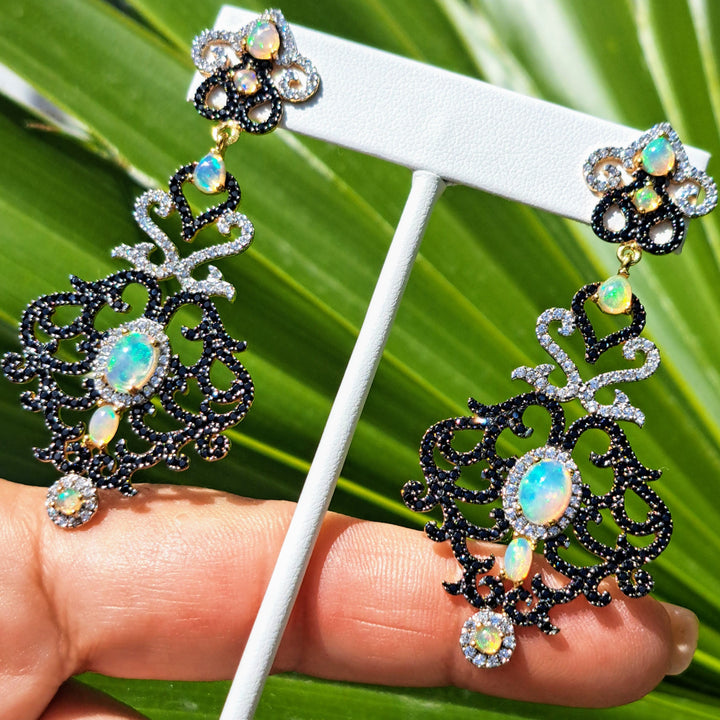 "A Toast To..." 3" Earrings - Opal, Spinel, Zircon, 18k Gold Sterling
