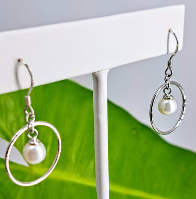 "Pearl Hoop Drop" 1" Earrings - Pearls, Sterling