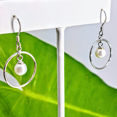 "Pearl Hoop Drop" 1" Earrings - Pearls, Sterling