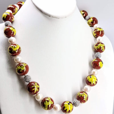 "Spicy Dragon Balls" 22" Necklace - Porcelain, Pearls, Crystal Pave', Sterling, Decorative Clasp