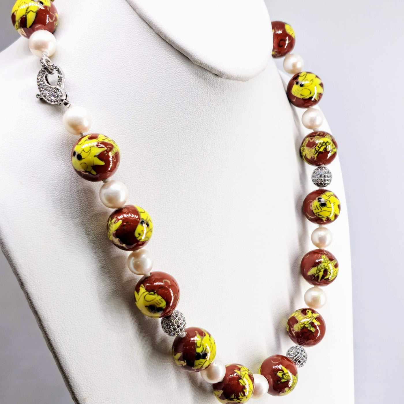 "Spicy Dragon Balls" 22" Necklace - Porcelain, Pearls, Crystal Pave', Sterling, Decorative Clasp