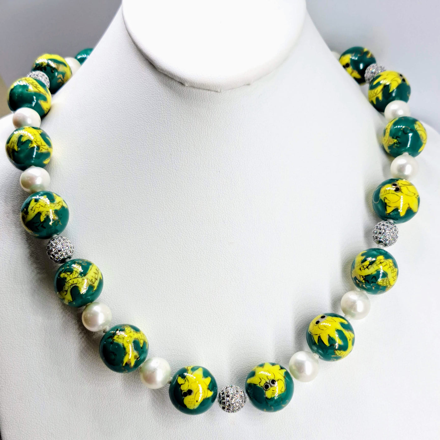 "Green Dragon" 22" Necklace - Porcelain, Pearls, Crystal Pave', Sterling, Decorative Clasp