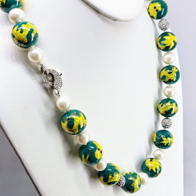 "Green Dragon" 22" Necklace - Porcelain, Pearls, Crystal Pave', Sterling, Decorative Clasp