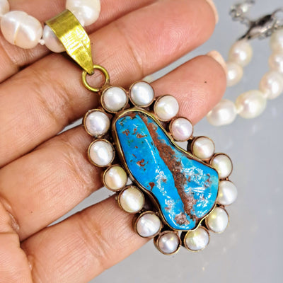 "All-Around Magical!" Pendant Necklace - Turquoise, Pearls, Brass, Sterling