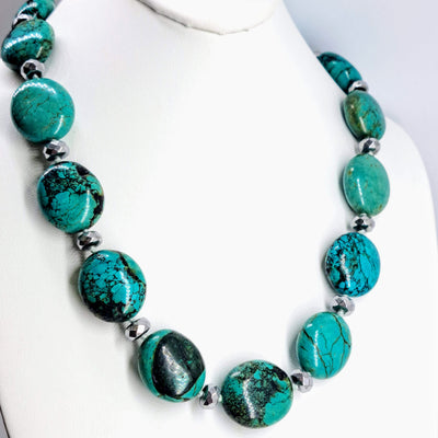 "Lady Balls In Turquoise" 22" Necklace - Turquoise, Hematite, Sterling