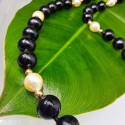 "Black & Mild" 24" Necklace - Ethical Black Coral, South Sea Golden Pearls, 14K Gold