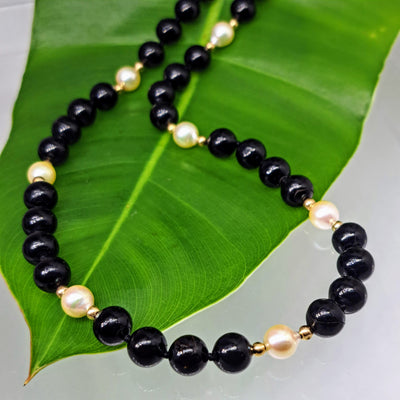 "Black & Mild" 24" Necklace - Ethical Black Coral, South Sea Golden Pearls, 14K Gold