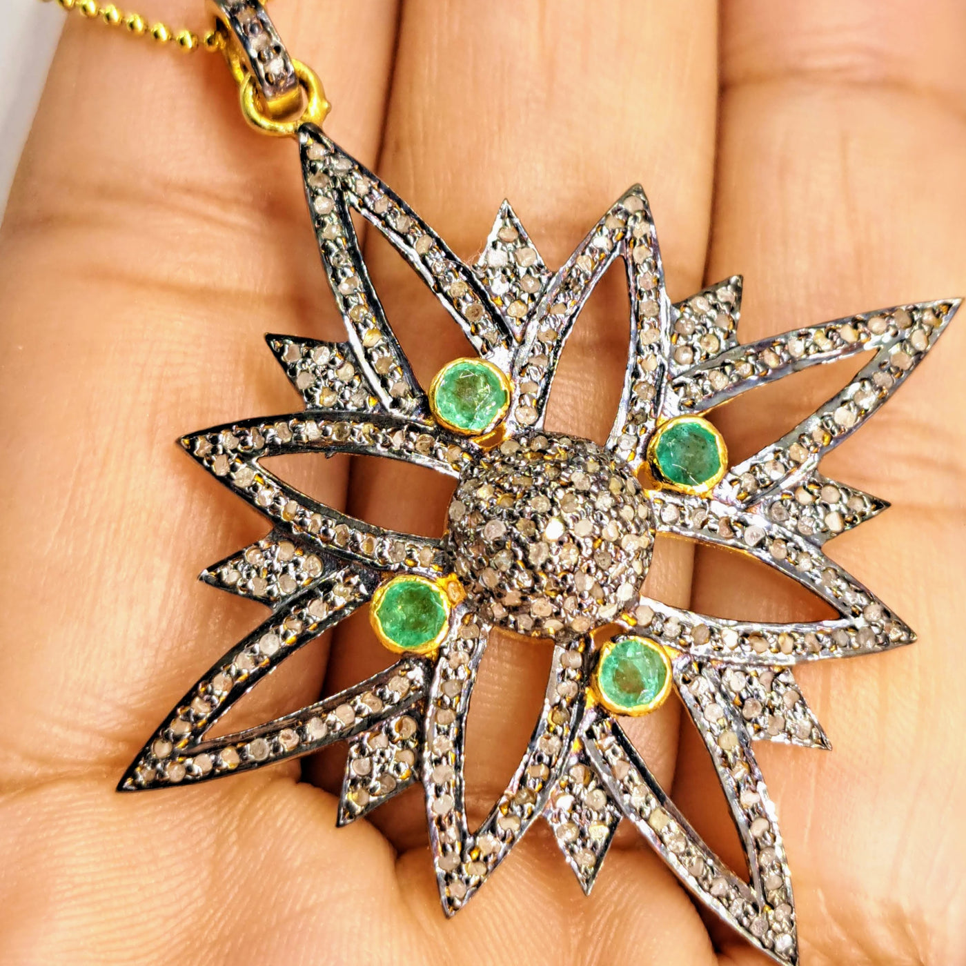 "Estrella En Verde" Pendant Necklace - Raw Diamonds, Emeralds, Gold Sterling