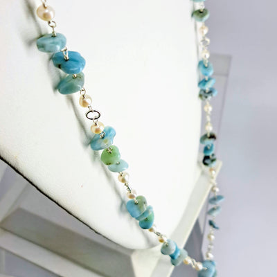 "Ocean Spray" 36" Necklace + Enhancer Clip - Larimar, Pearls, Anti-tarnish Sterling-Fill + Enhancer Clip
