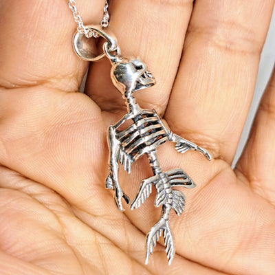 "Tell No Tails!" 2.25" Pendant 20" Necklace - Sterling Mermaid's Skeleton