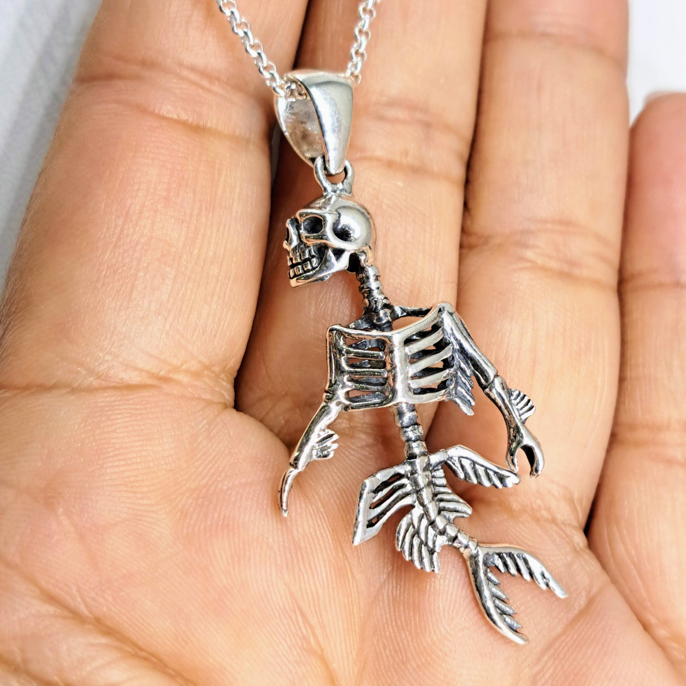 "Tell No Tails!" 26" Pendant Necklace - Sterling Mermaid's Skeleton