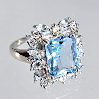 "Sparkle Blue" Sz 7 Ring - Topaz, Aquamarine, Zircon Stone, Anti-tarnish Sterling