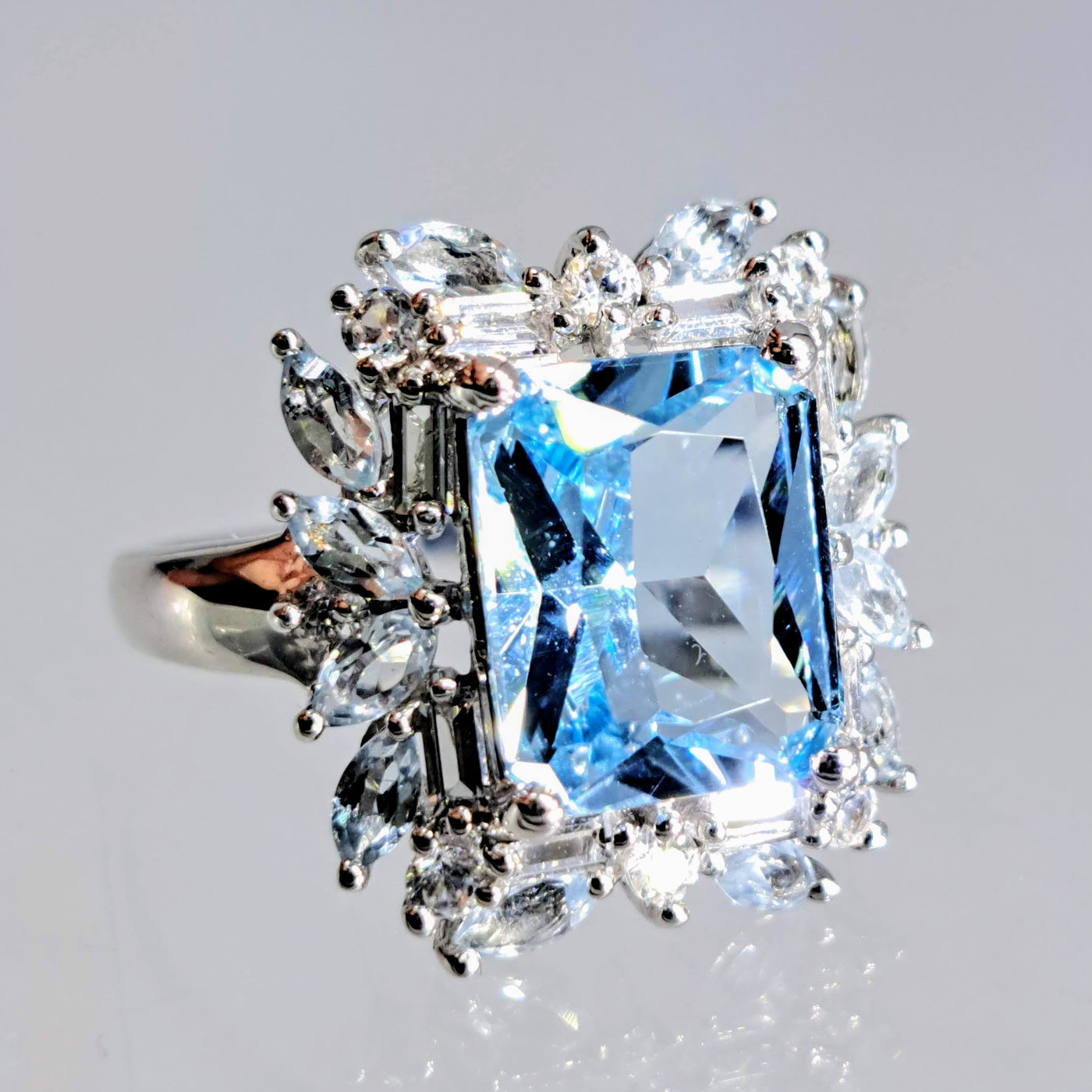"Sparkle Blue" Sz 7 Ring - Topaz, Aquamarine, Zircon Stone, Anti-tarnish Sterling