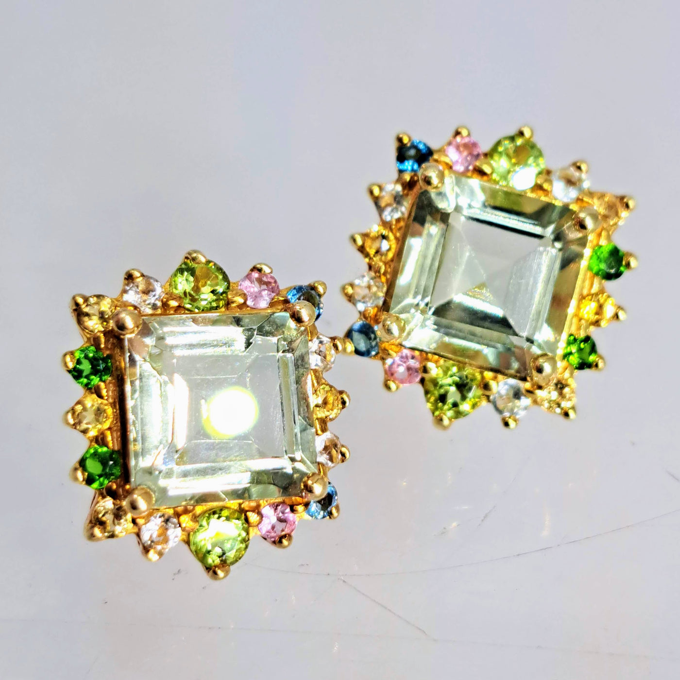 "Love For Squares" .5" Stud Earrings - Prasiolite With Mixed Gemstone Halo, 18K Gold Sterling