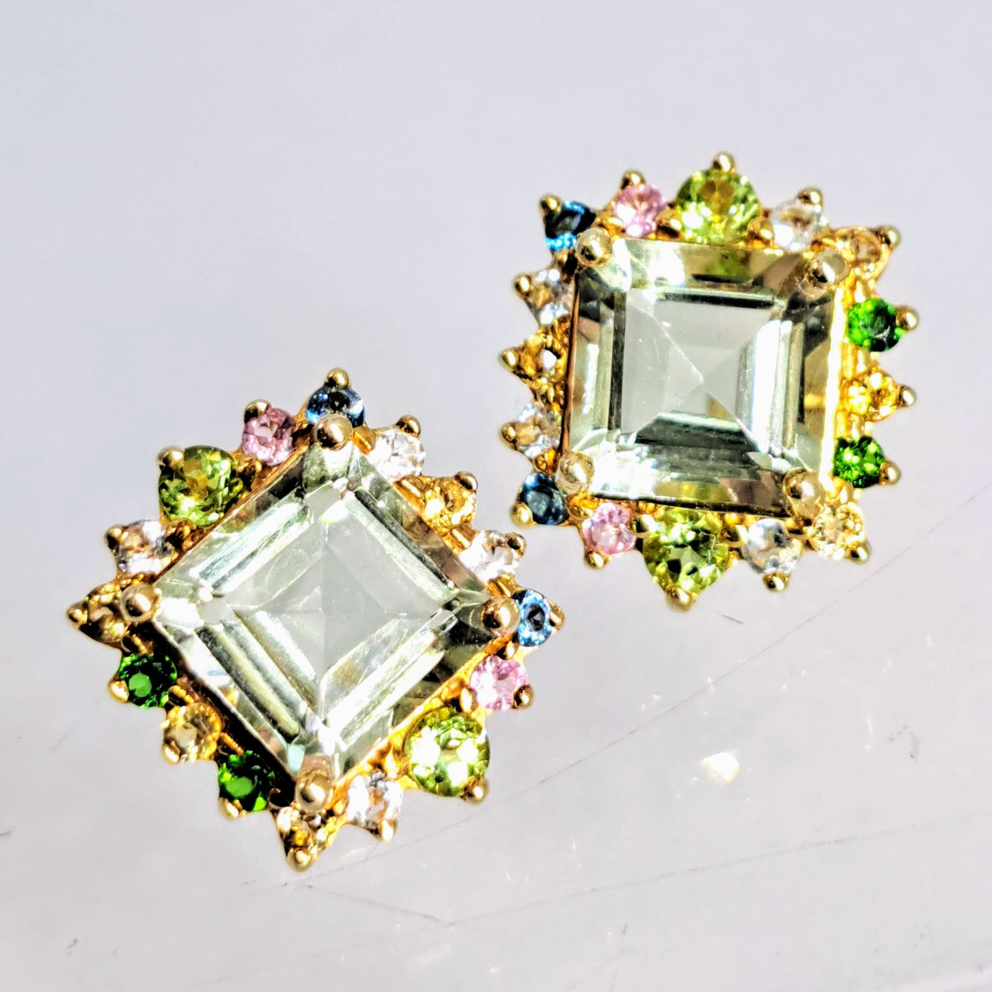 "Love For Squares" .5" Stud Earrings - Prasiolite With Mixed Gemstone Halo, 18K Gold Sterling