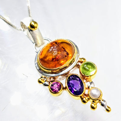 "Fruit & Honey" 18" Pendant Necklace - Amber, Peridot, Amethyst, Pearl, Topaz, Sterling, 18K