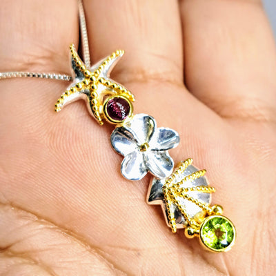 "Flowers & Stars" 18" Pendant Necklace - Garnet, Peridot, Sterling, 22K