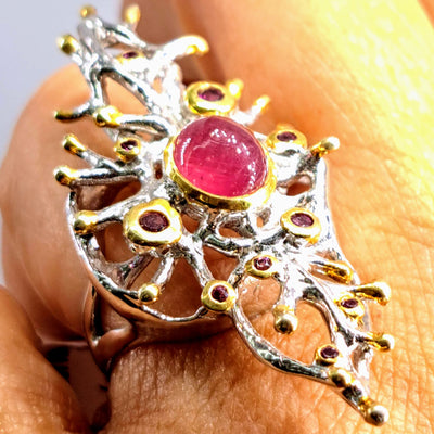 "Ruby Coral" Sz 6.5 Ring - Ruby, Tourmaline, Sterling, 18K