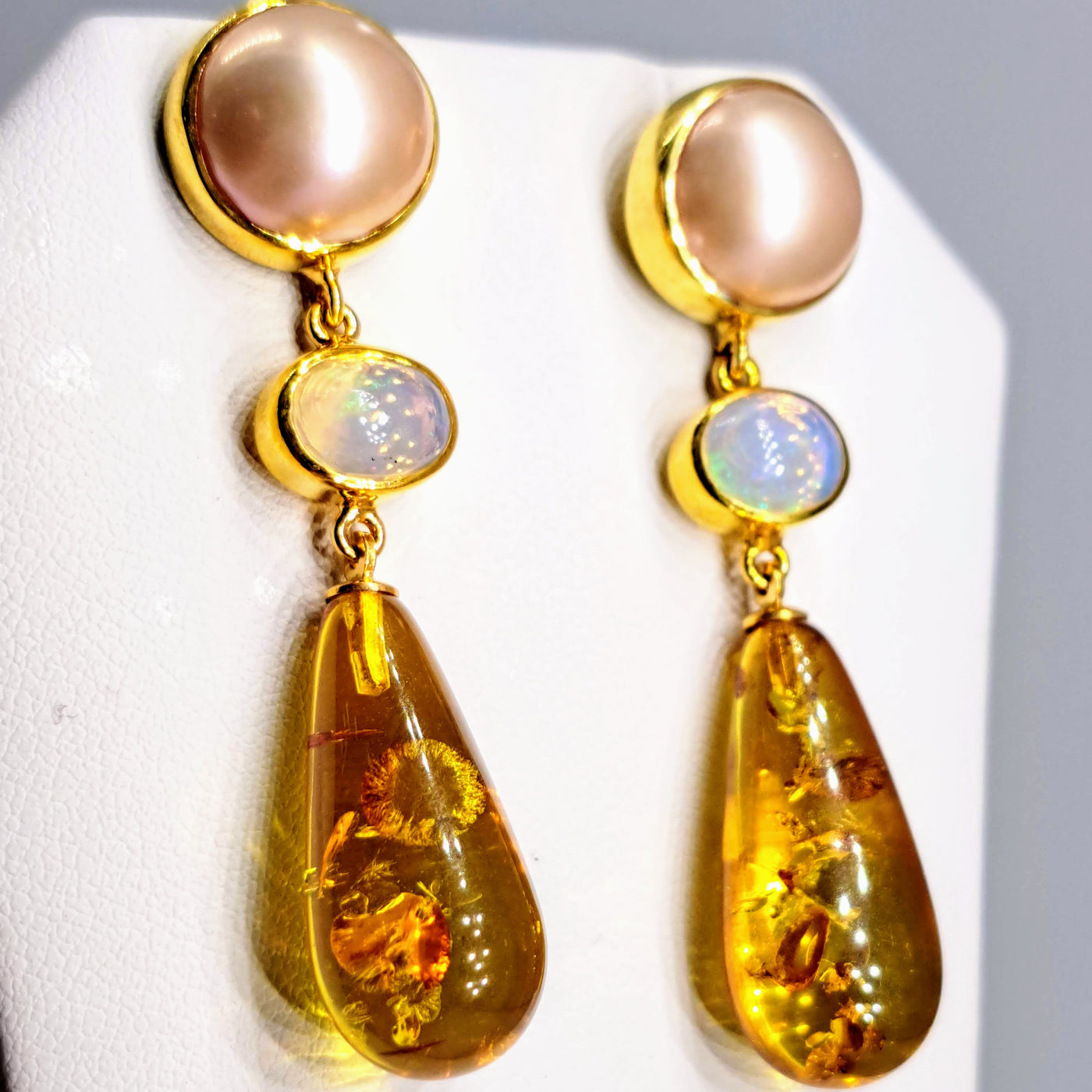 "Magic Hour" 2" Earrings - Pearl, Opal, Amber, 18K Gold Sterling