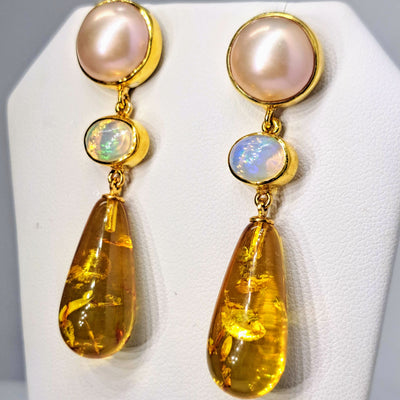 "Magic Hour" 2" Earrings - Pearl, Opal, Amber, 18K Gold Sterling