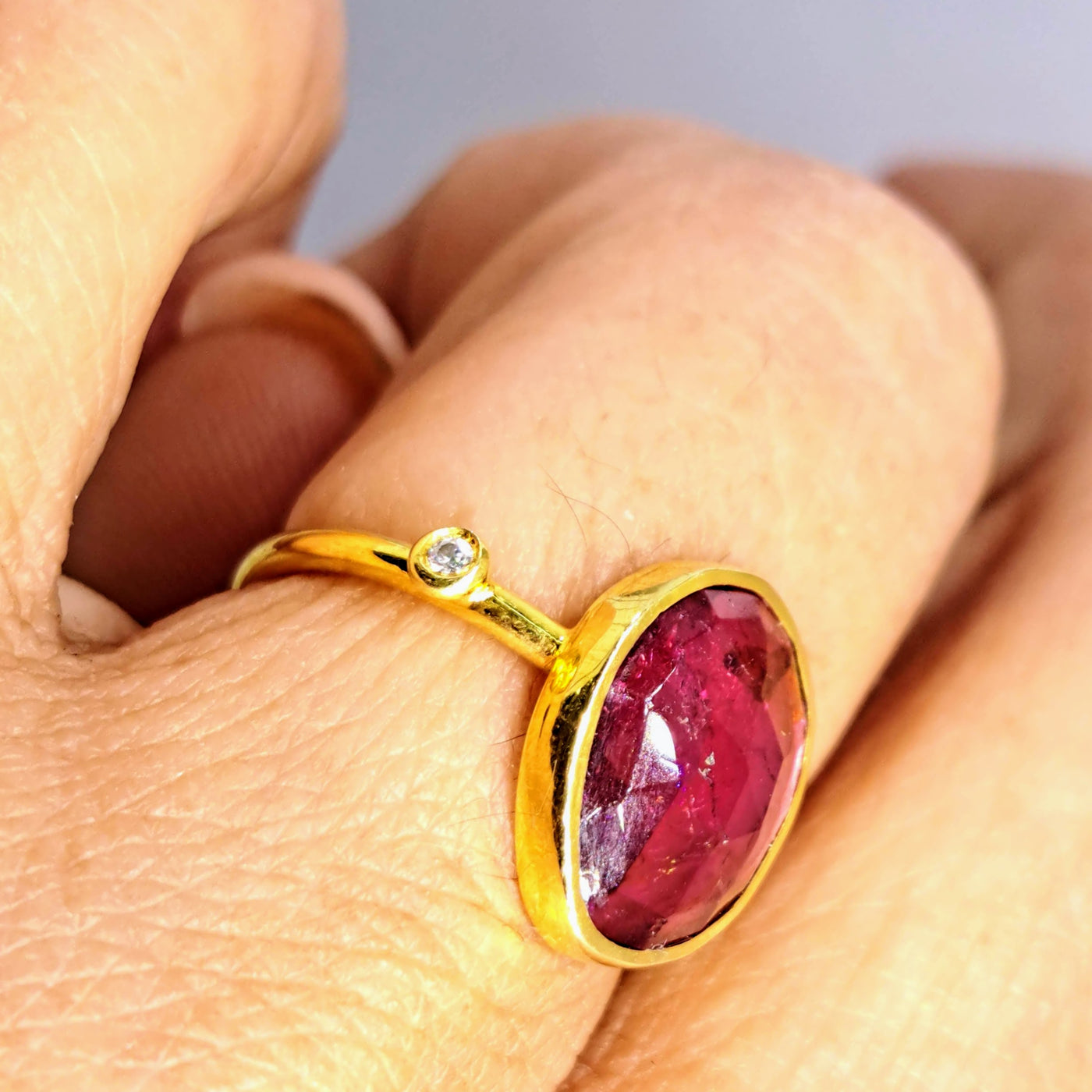 "Paint This Mother PINK!" Sz 7 Ring - Tourmaline, Diamond, 18K Gold Sterling