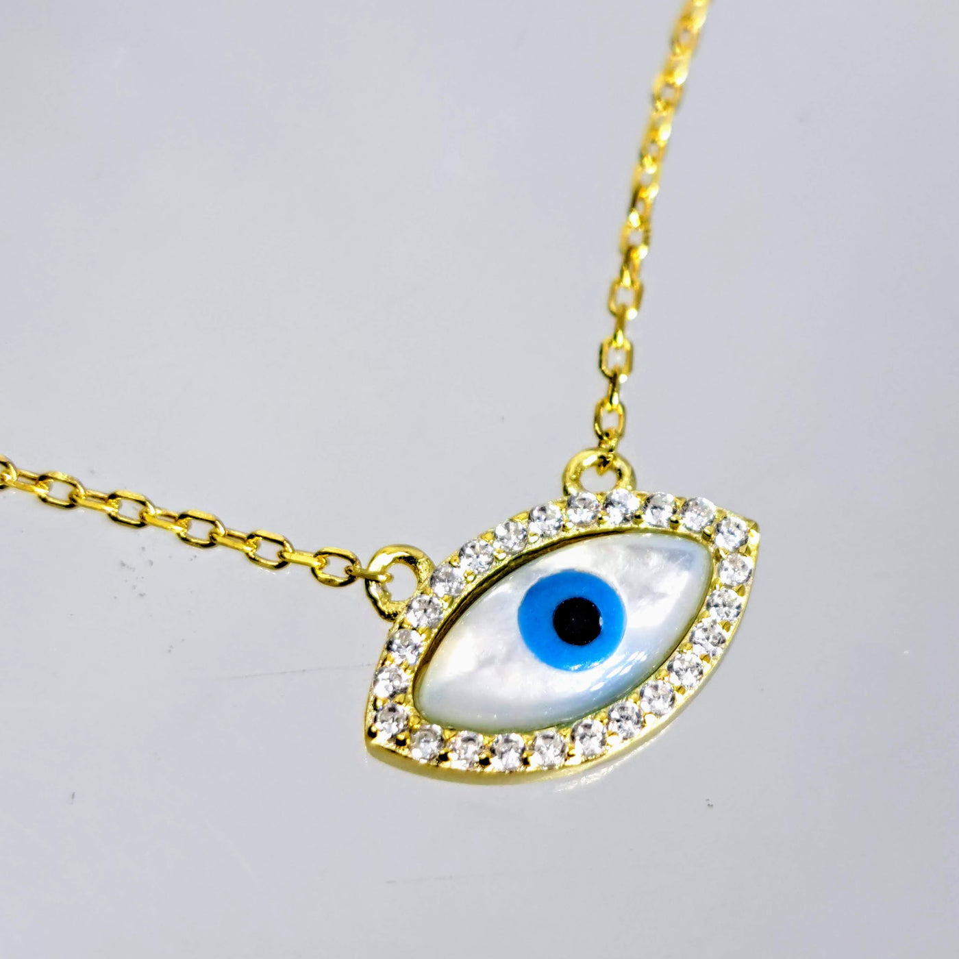 "Eye On You!" 16" - 18" Necklace - Mother Of Pearl, Enamel, 18K Gold Sterling