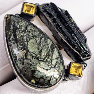 "Black Gold" Sz 7 Ring - Pyrite, Citrine, Tourmaline, Sterling