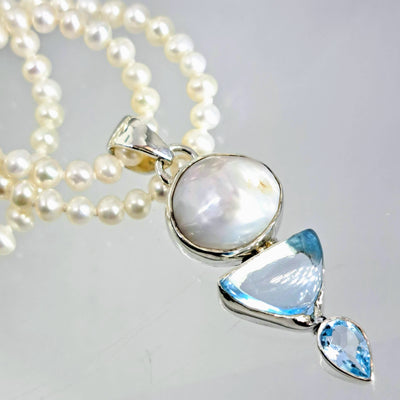 "Mrs. Blue Sky" 2" Pendant 18" Necklace - Pearl, Topaz, Sterling