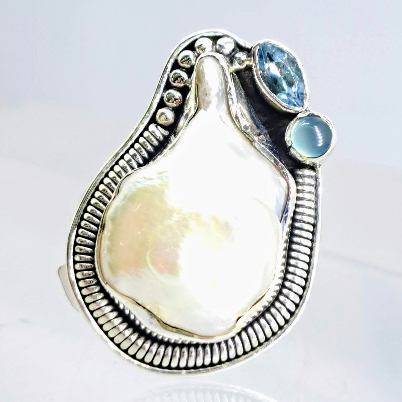 "Icing On The Cake" Sz 9 Ring - Pearl, Chalcedony, Topaz, Sterling