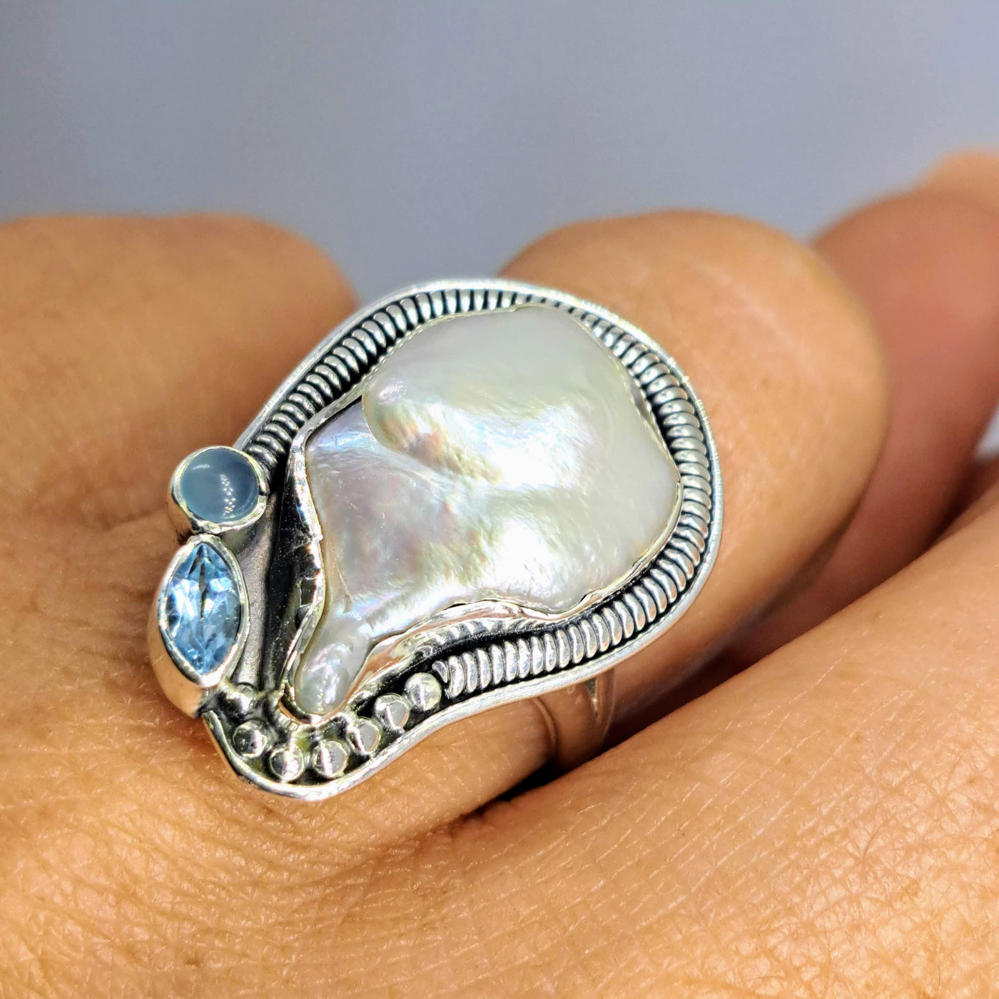 "Icing On The Cake" Sz 9 Ring - Pearl, Chalcedony, Topaz, Sterling