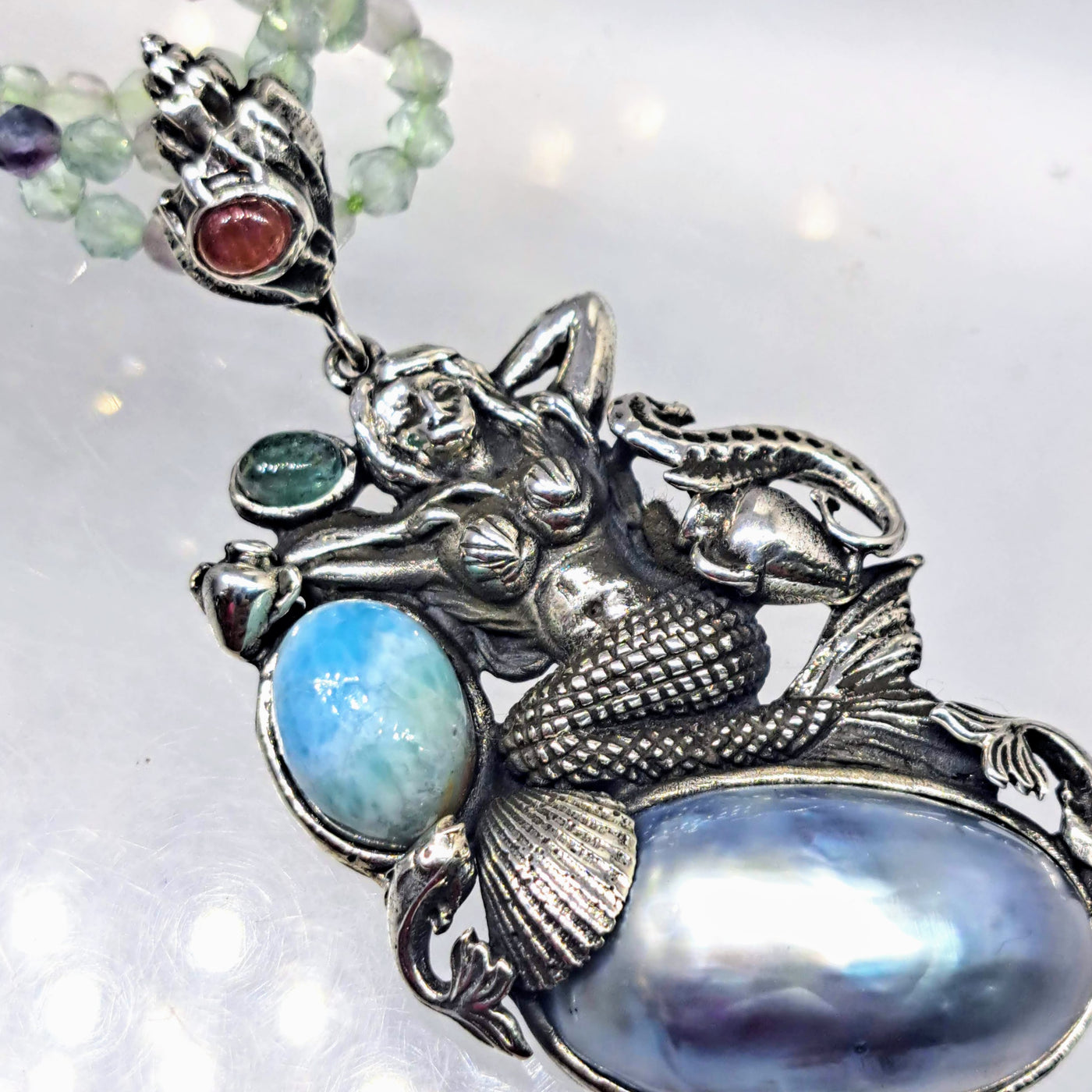 "Mermaid Life" 3" Pendant 20" Necklace - Larimar,Tourmaline, Mother Of Pearl, Flourite, Sterling