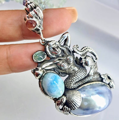"Mermaid Life" 3" Pendant 20" Necklace - Larimar,Tourmaline, Mother Of Pearl, Flourite, Sterling