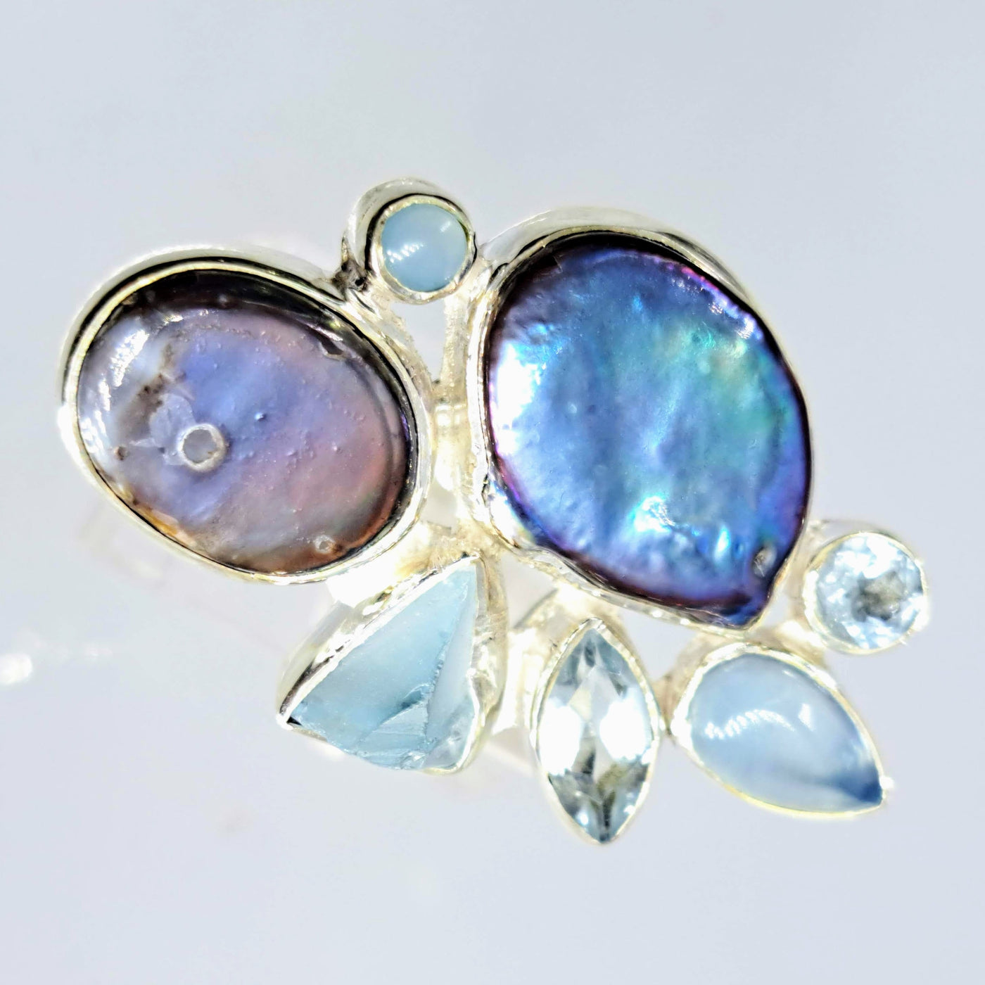"Pretty As A Peacock" Sz 9 Ring - Pearl, Chalcedony, Aquamarine, Topaz, Sterling