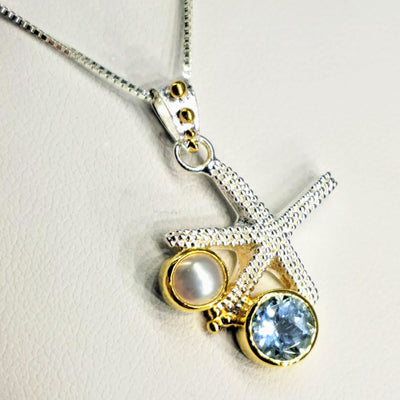 "Lucky Star" 1" Pendant Necklace - Pearl, Topaz, Sterling, 22K Gold