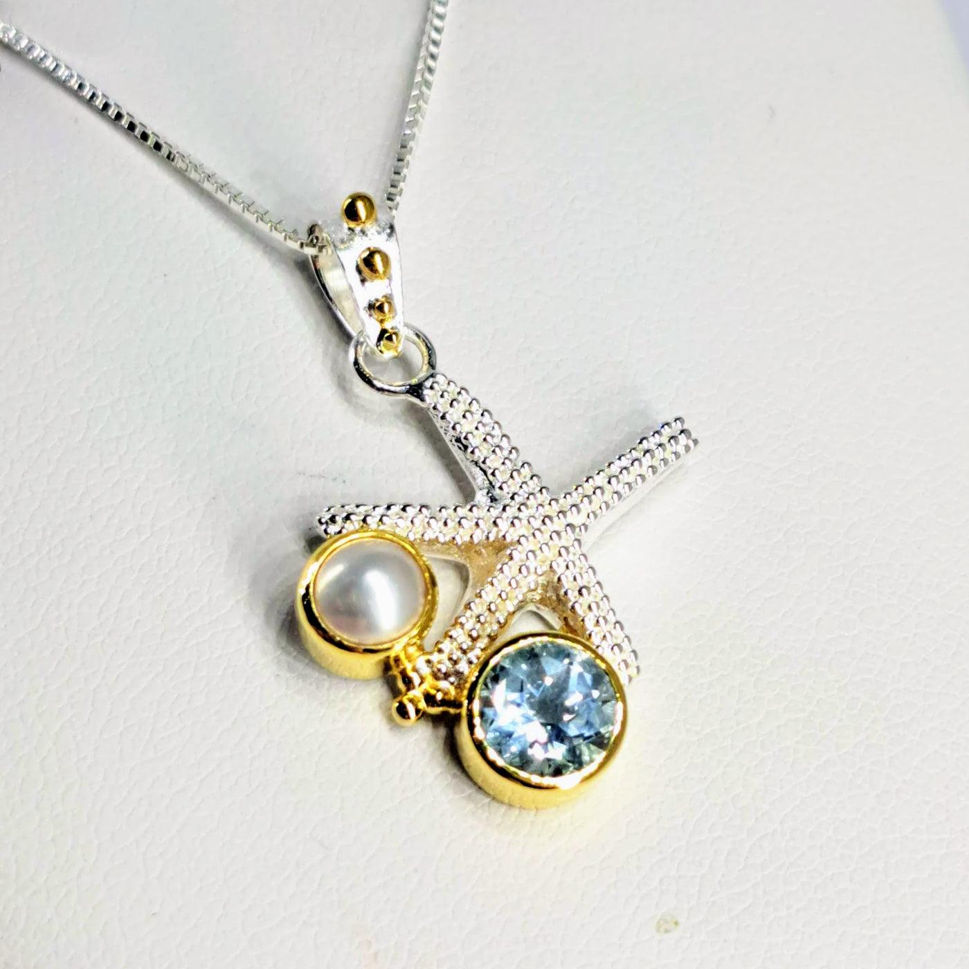 "Lucky Star" 1" Pendant Necklace - Pearl, Topaz, Sterling, 22K Gold