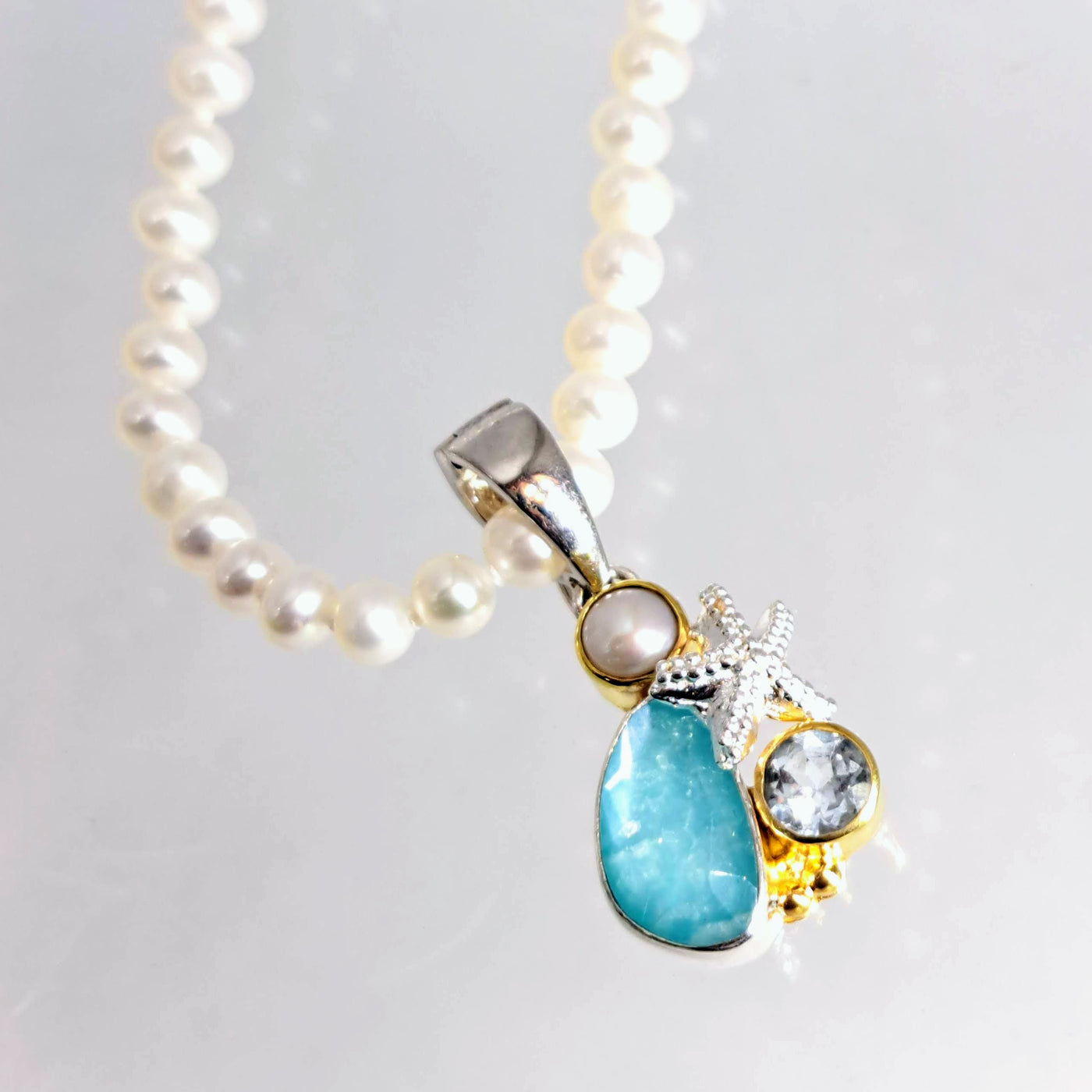 "Sailor's Delight" 1.25" Pendant Necklace - Pearl, MOP, Topaz, Sterling, 22K Gold