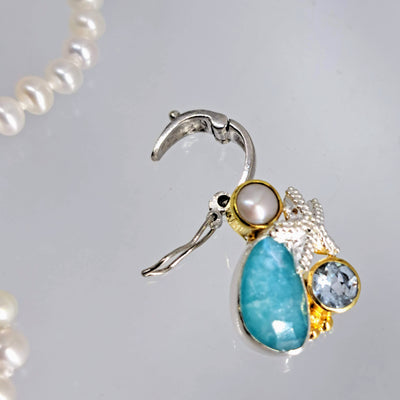 "Sailor's Delight" 1.25" Pendant Necklace - Pearl, MOP, Topaz, Sterling, 22K Gold