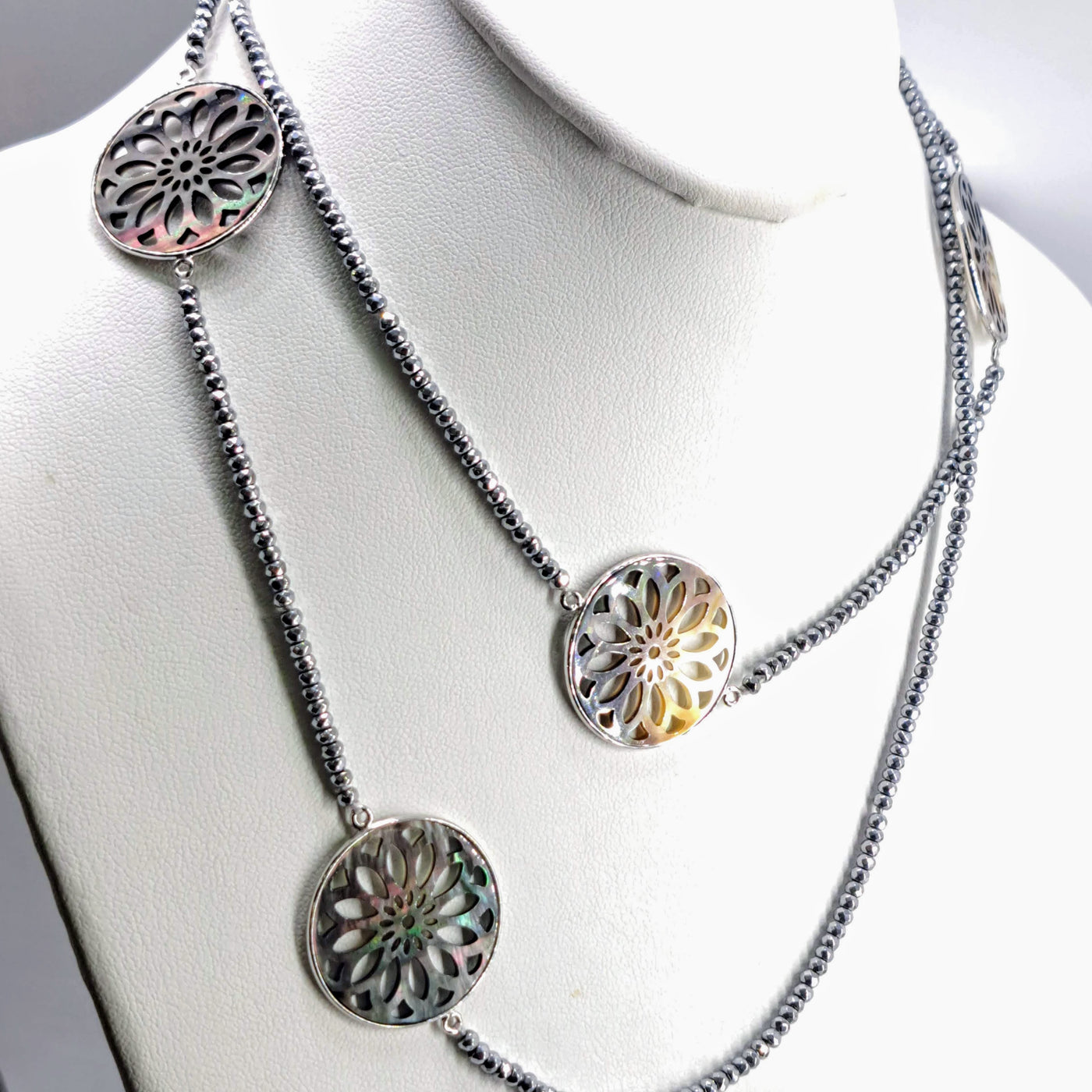 "Tahitian Sun" 36" Necklace - Tahitian Mother Of Pearl, Hematite, Anti-tarnish Sterling
