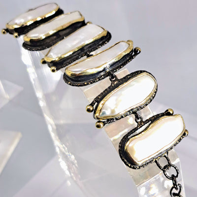 "Stairway to Heaven" 7-8" Bracelet - Stick Pearls Black Sterling, 18K