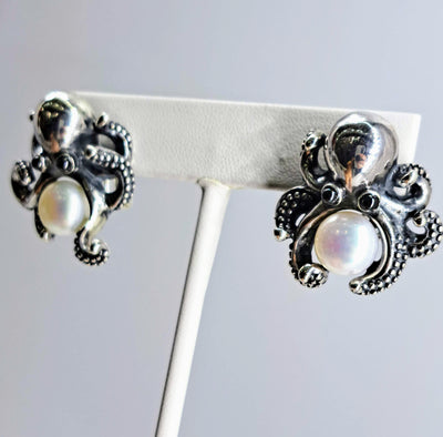 "Octopotomous" 1.25" Asymmetrical Earrings - Pearls, Sterling