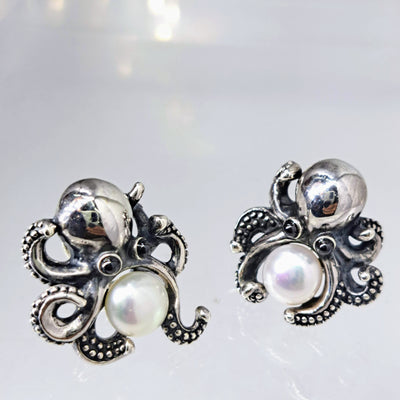 "Octopotomous" 1.25" Asymmetrical Earrings - Pearls, Sterling