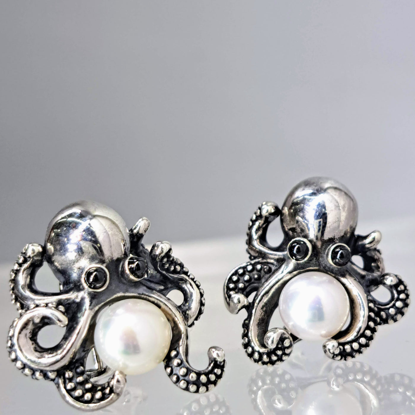 "Octopotomous" 1.25" Asymmetrical Earrings - Pearls, Sterling