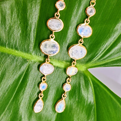 "Moon Dust" 3" Earrings - Moonstone, 18K Gold Sterling