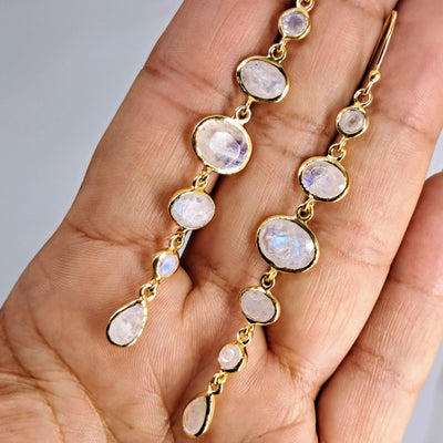 "Moon Dust" 3" Earrings - Moonstone, 18K Gold Sterling