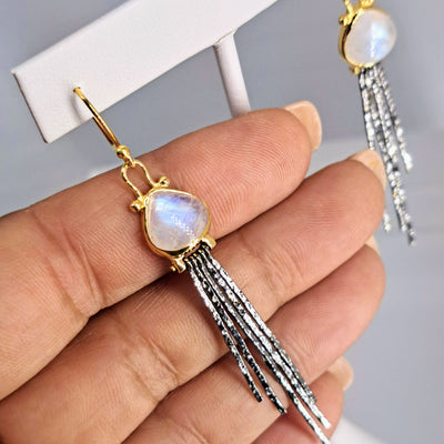 "Sticklers" 3" Earrings - Moonstone, Black & 18K Sterling