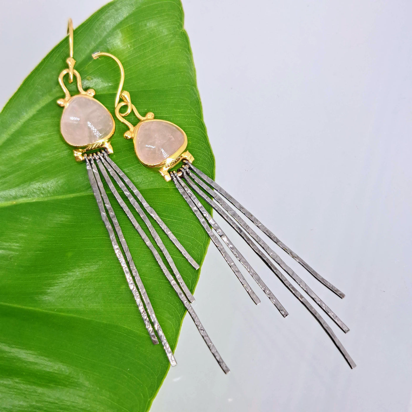 "Pink Sticklers" 3" Earrings - Rose Quartz, Black & 18K Sterling